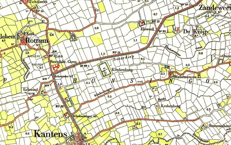 Kantens en de voormalige plaats van de Klinkenborg op de kaart.